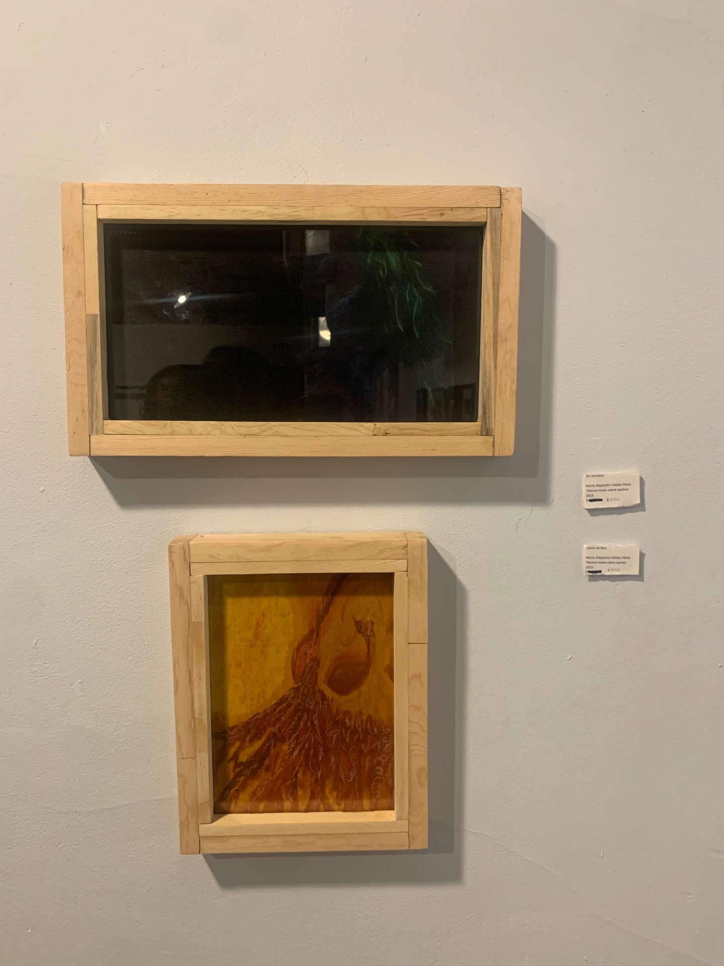 Valdez M. (2023) Sin Nombre, Tecnica Mixta s/ opalina;       (2023) Carne de Raiz; Tecnica mixta sobre cartón papel
